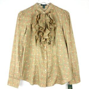 NWT Lauren Ralph Lauren Ruffled Front Floral Print Cotton Blouse. Size M